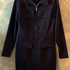 Charcoal and grey pinstripe dress with zip front. Fabric is stretchy and velvety